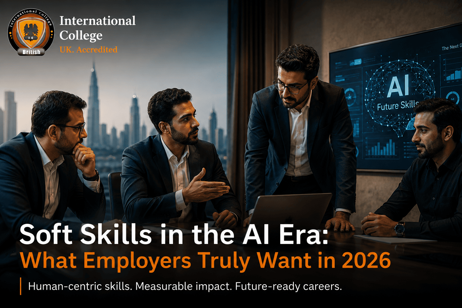 Arab male corporate professionals in a dark charcoal and navy executive office discussing AI era soft skills under cinematic lighting.